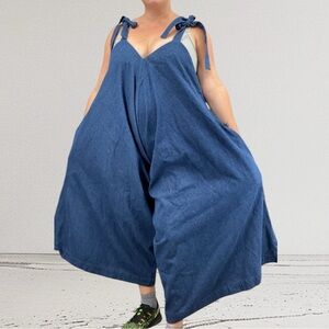 Nettle Wide Elephant Leg Denim Overalls Coveralls Women One Size Boho Blue Jeans